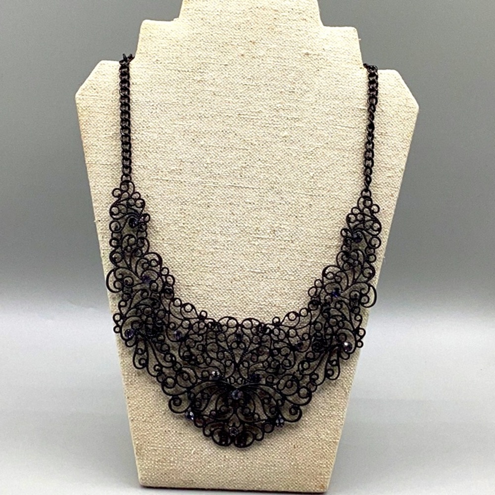 Vintage Black Metal Lace Necklace With Purple Crystal Accents